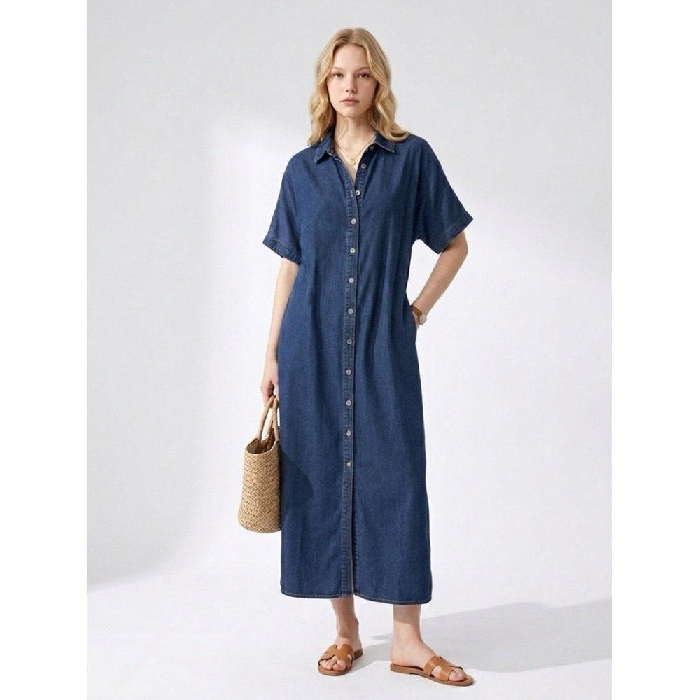 New Soft Surroundings Je Veux Denim Blue‎ Button-Up Shirt Dress 1X Short Sleeve